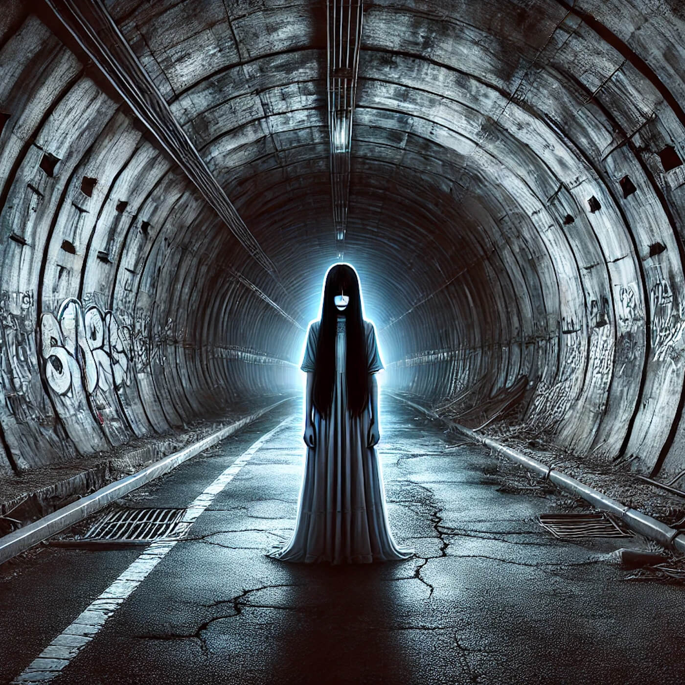 A ghostly figure depicted near a tunnel, embodying similar themes in urban legends.